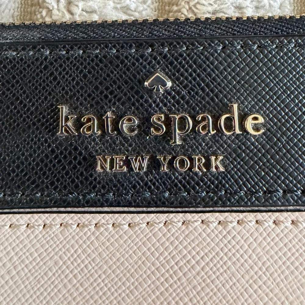 Kate Spade New York Saffiano Leather Wristlet Pouch Black Beige Colorblock